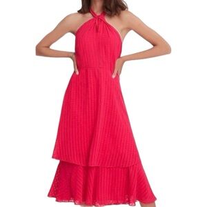 ANN TAYLOR Shadow Plaid Tiered Halter‎ Maxi Dress Exotic Pink size 10 Vacation